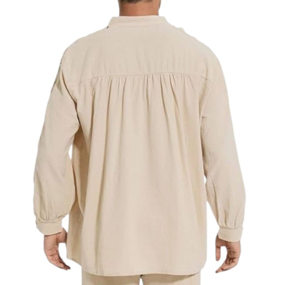 Mens Large Medieval Renaissance Lace-Up Linen Shirt Beige Long Sleeve Pirate - Picture 5 of 12